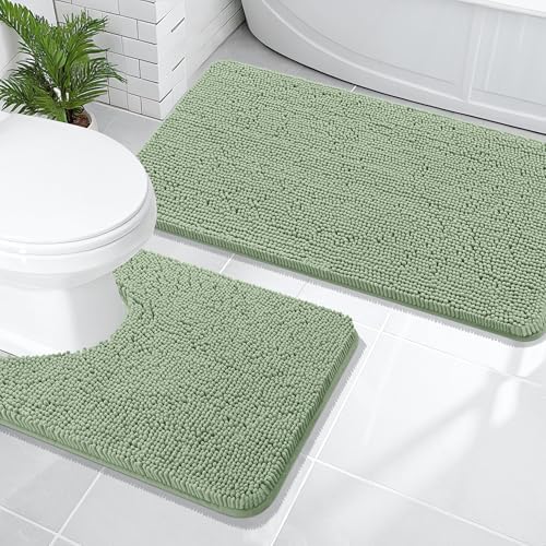 OLANLY Chenille Bathroom Rugs Mats Set 2 Piece, 47"x20"+24"x20", Sage Green