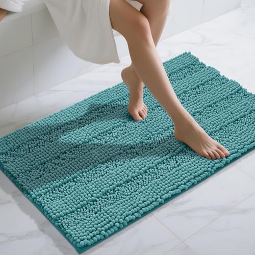 Yimobra Bathroom Rug Mat 44 x 24, Non Slip and Super Absorbent Bath Mat,Machine Washable Quick Dry,Ultra Plush Chenille Shower Rugs for Bathroom Floor Sink Tub and Shower Outside,Teal Blue