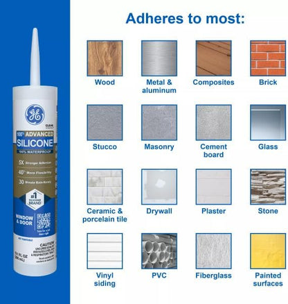 GE Advanced Silicone Caulk for Window & Door, Clear, 10 fl oz Cartridge, 12 Pack - 100% Waterproof Silicone Sealant, 5X Stronger Adhesion, Shrink & Crack Proof