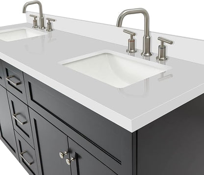 DKB Bradford 72 Inch Bathroom Vanity Double Sink — Black Bathroom Vanity with Sink, 1.5" Edge Pure White Quartz Countertop & Backsplash, 4 Soft-Close Doors, and 3 Dovetail Drawers