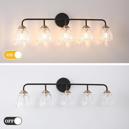 Vintage Vanity Lighting for Bathroom, Black and Gold Bathroom Vanity Light Fixtures with Clear Glass Shade, Elegant 5-Light Lighting Fixtures Over Mirror, Wall Sconce Lighting for Bedroom