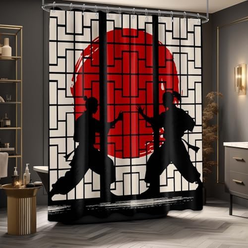 Anime Shower Curtain Japanese Black and Red Asian Cool Shower Curtains for Mans Bathroom Decor Sets, Waterproof Cloth Fabric with Hooks, 70x72 Inch