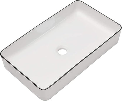 Sarlai Bathroom Sink Rectangular 24"x14" White Vessel Sink with Black Rim Ceramic Porcelain Rectangle Bathroom Vessel Sink Above Counter Vanity Sink Basin