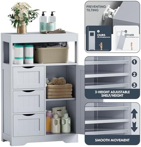 JUMMICO Bathroom Floor Cabinet, Wooden Free-Standing Storage Organizer with 1 Door and 3 Drawers, Bathroom Storage Cabinet for Living Room/Kitchen/Hallway/Home Office (Grey, 3 Drawers)