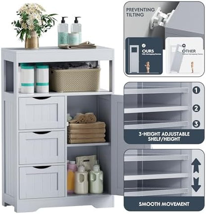 JUMMICO Bathroom Floor Cabinet, Wooden Free-Standing Storage Organizer with 1 Door and 3 Drawers, Bathroom Storage Cabinet for Living Room/Kitchen/Hallway/Home Office (Grey, 3 Drawers)
