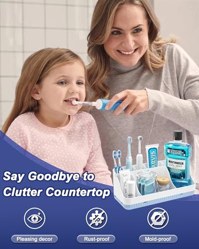 Bathroom Counter Organizer and Storage with 2 Pack Qtip Holder Dispenser, 7 Slots Detachable Toothbrush Holders for Bathrooms, Anti-Slip Electric Toothbrush and Toothpaste Holder Countertop