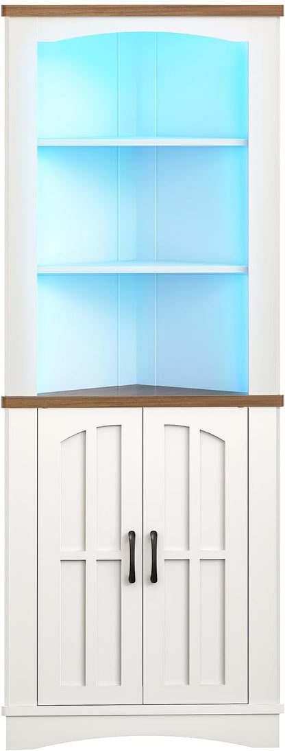 HOOBRO Corner Cabinet with LED Lights, 67" Tall Farmhouse Corner Storage Cabinet with Doors and Storage Shelves, 5-Tier Corner Bathroom Cabinet, for Living Room, Kitchen, White and Walnut WH74DCJ01