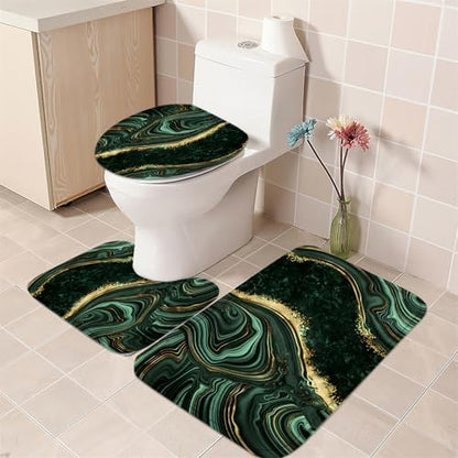 Nkzply 4 Pcs Green Marble Shower Curtain Sets with Rugs Gold Bathroom Set