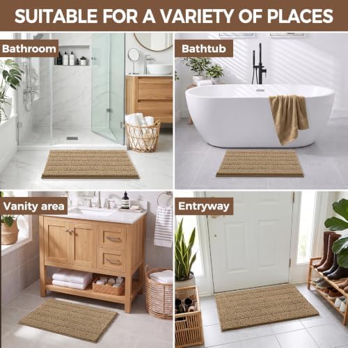 Bcoimo Bath Rug Mat,30x20 Chenille Non Slip Tan Bathroom Floor Shower Mats