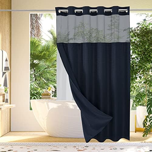 Gibelle No Hook Cloth Navy Shower Curtain with Liner, 72x74