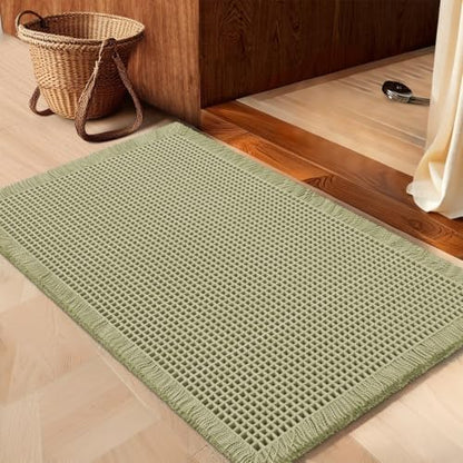 IM HOME Waffle Bath Mat Green 24"x17",Boho Woven Modern Bath Mat Rugs, Absorbent Non Slip Bathroom Rugs, Soft Washable Bath Rugs with Tassels for Bedroom, Kitchen, Shower, Tub