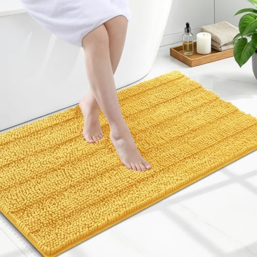 Grandaily Chenille Striped Bathroom Rugs 47x24, Extra Thick and Soft Absorbent Bath Mats, Rubber Backing, Plush Shaggy Shower Carpet, Machine Wash Dry, Bath Rug for Bathroom, Light Yellow