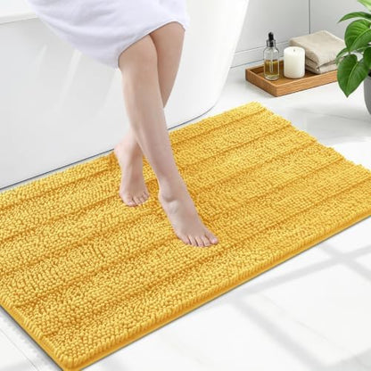 Grandaily Chenille Striped Bathroom Rugs 47x24, Extra Thick and Soft Absorbent Bath Mats, Rubber Backing, Plush Shaggy Shower Carpet, Machine Wash Dry, Bath Rug for Bathroom, Light Yellow