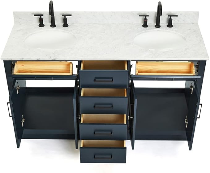 ARIEL Hepburn 60-inch Bathroom Vanity with Sink,Solid Wood, 0.75-inch Italian Carrara Marble Countertop, Double Oval Porcelain Sink, 4 Soft Closing Doors, 6 Dovetail Drawers, Midnight Blue