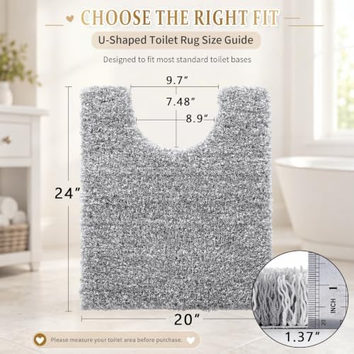 Yimobra Fluffy Toilet Rugs U Shaped, Shaggy Soft Comfortable Non Slip, Water Absorbent Microfiber Bath Mat, Dries Quickly, Machine Washable Thick Bathroom Floor Rugs, 24"x 20", Light Gray and White