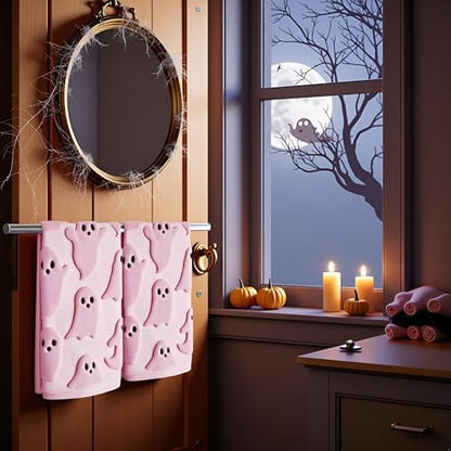 2 Pack Halloween Hand Towels 100% Cotton Jacquard Ghost Halloween Kitchen Towels White Bathroom Towels Set Seasonal Bathroom Decor (Pink Ghost, Halloween)