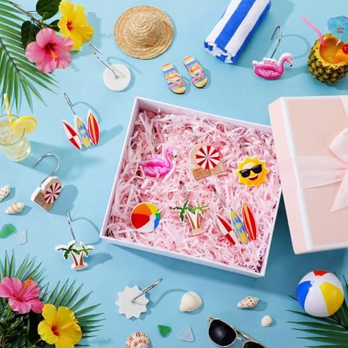 Thyle 12 Pcs Summer Shower Curtain Hooks, Summer Party Resin Ornament Rings Beach Theme Shower Curtain Hooks for Bathroom Bedroom Accessories