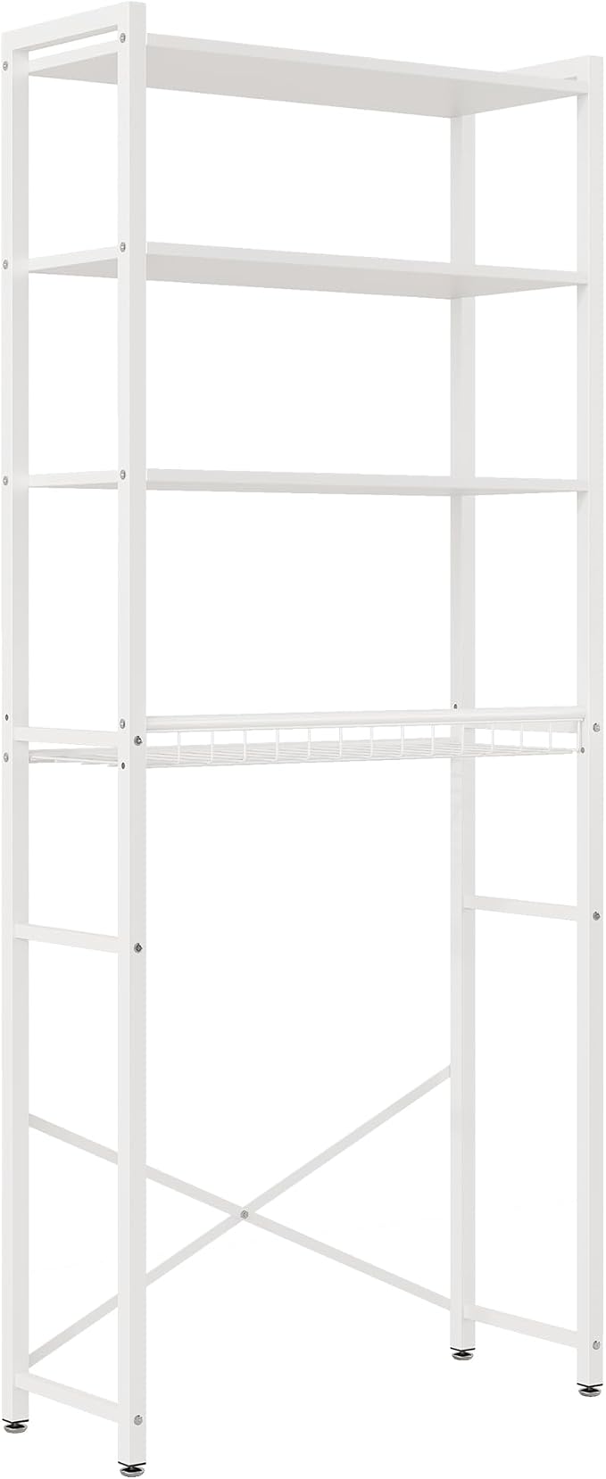4-Tier Over-the-Toilet Storage Rack with One-Piece Wooden Shelves & Open Net Basket, Bathroom Organizer with Adjustable Feet & Anti-Tip Kit, Space-Saving Toilet Shelf, White, 24.4" x 9.4" x 69.3"