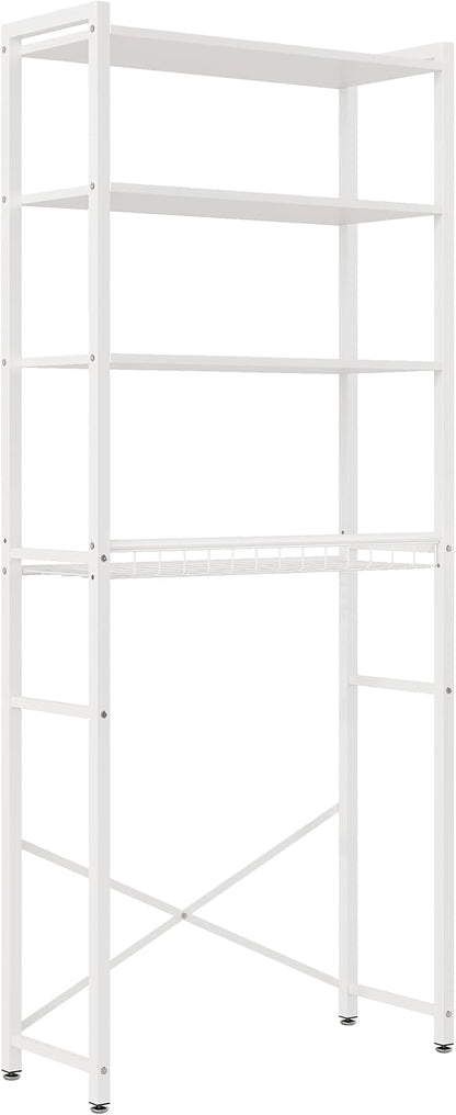 4-Tier Over-the-Toilet Storage Rack with One-Piece Wooden Shelves & Open Net Basket, Bathroom Organizer with Adjustable Feet & Anti-Tip Kit, Space-Saving Toilet Shelf, White, 24.4" x 9.4" x 69.3"