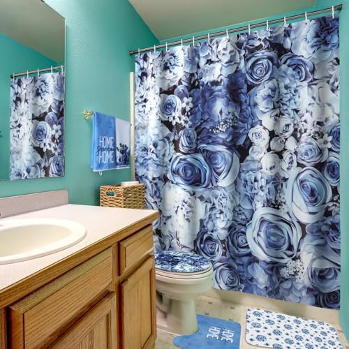 Honoson 8 Pcs Blue Floral Shower Curtain Bathroom Set with Rugs