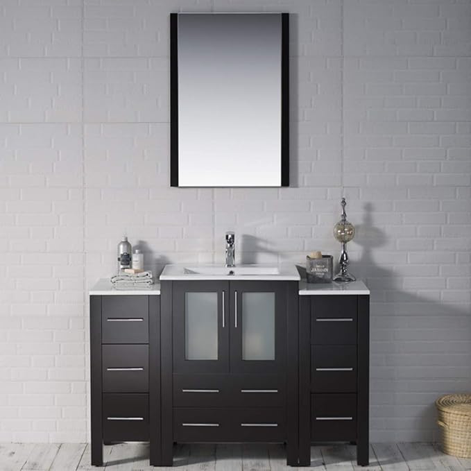 Blossom 48 in. Bathroom Vanity with Sink and Side Cabinet - Solid Wood Espresso Sink Vanity - 18-Inch Deep Narrow Footprint - Modern Tempered Glass Doors - High-End Master Bath Suite