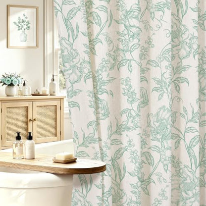 Teal Boho Linen Fabric Shower Curtain , Farmhouse Floral For Bathroom
