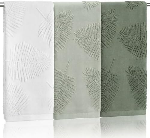 Tiamon 3 Pcs Bathroom Towel Decorative Set 100% Cotton Fluffy Bath Hand Towels for Guest Gifts Farmhouse Kitchen Hand Towels Home(Grayish Green, Green, White,30 x 13 Inch,Palm Leaf)