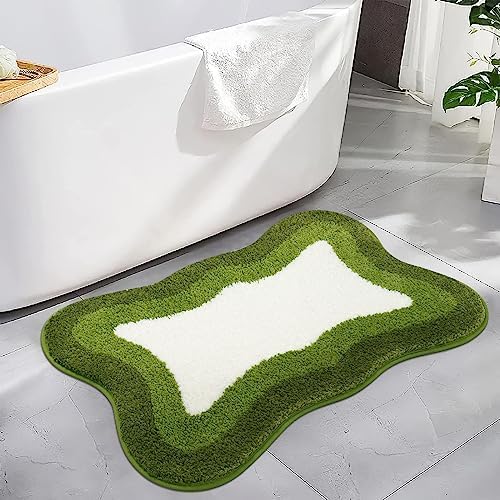 HAOCOO Green Bath Rug 20x31 inch, Soft Non Slip Gradient Irregular Shape Rug for Bathroom Decor, Microfiber Absorbent Washable Shower Rug Tub Shower