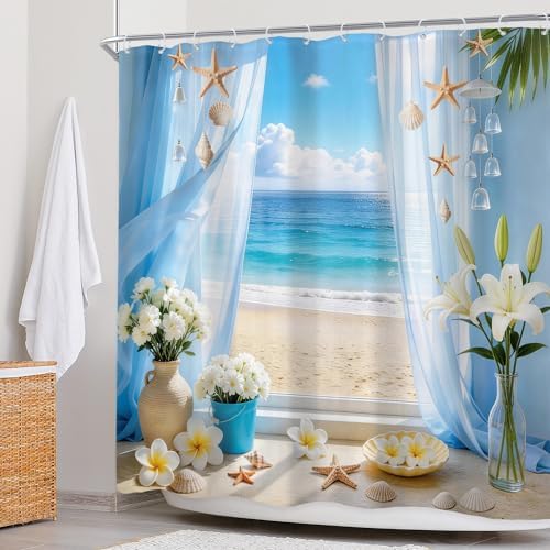 Ocean Coastal Blue Sea Fish Beach Floral Beachy Bathroom Shower Curtain Set