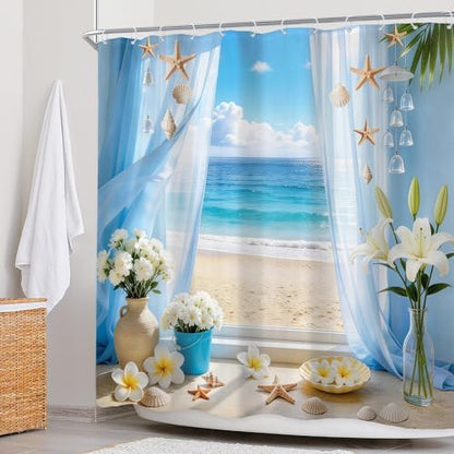 Ocean Coastal Blue Sea Fish Beach Floral Beachy Bathroom Shower Curtain Set