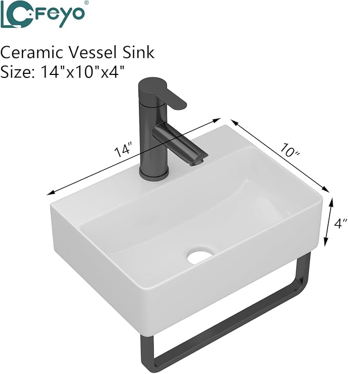 Floating Bathroom Sink Wall Mounted - 14"x10" Rectangular Vessel Sink With Black Faucet & Drain Combo Small Modern White Ceramic Porcelain Vessel Vanity Sinks