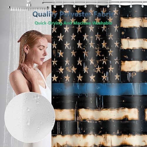 Thin Blue Line American Pride Flag Shower Curtain with Hooks 72 x 72 Inches