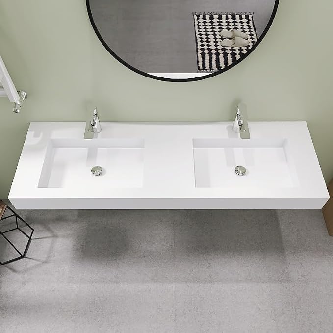 SJ STAR&JANE 59" x 19" Solid Surface Bathroom Double Vessel Sink, Wall Mounted Sink, Stone Resin Countertop With Double Bowl in Matte White Rectangle Double Floating Vanity Sink Durable Modern Design