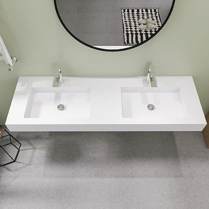 SJ STAR&JANE 59" x 19" Solid Surface Bathroom Double Vessel Sink, Wall Mounted Sink, Stone Resin Countertop With Double Bowl in Matte White Rectangle Double Floating Vanity Sink Durable Modern Design