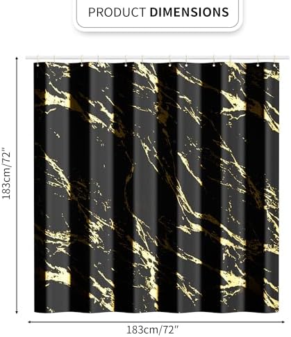 Black and Gold Shower Curtain Set with Gold Hooks, Black Marble Shower Curtain for Bathroom, Modern Luxury Fabric Bath Curtain, Waterproof Washable Polyester Bathroom Decor, 72 x 72 Inches