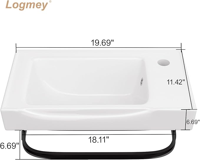 Logmey 19 Inch Wall Mount Bathroom Sink 19-1/2"x11" Rectangule Floating Sink White Porcelain Ceramic Wall Mounted Vessel Sink Wash Hand Basin with Bracket