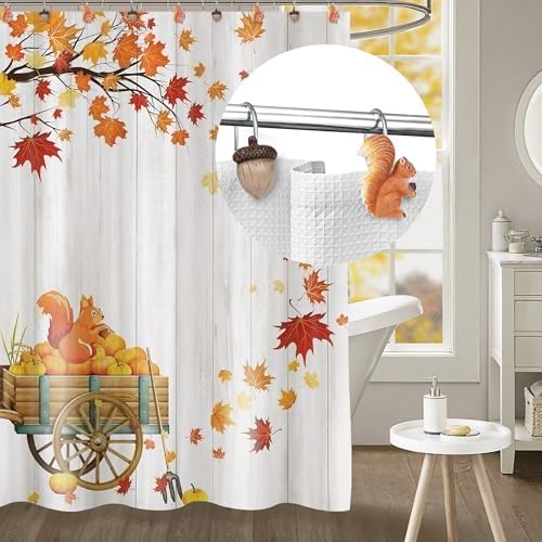 Sunlit Fall Autumn Decorative Shower Curtain Hooks, Squirrel Acorn Shower Curtain Rings, Resin, Orange Brown Cute Bathroom Curtain Hangers Decoration, Set of 12