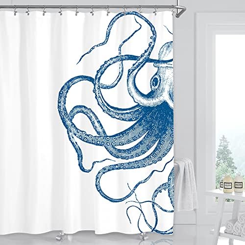 Miyotaa Octopus Kraken Shower Curtain Set 60Wx71H Inches Nautical Ocean Tentacles Sea Creatures Mythical Blue Polyester Waterproof Cloth Bathroom Curtain with 12 Hooks