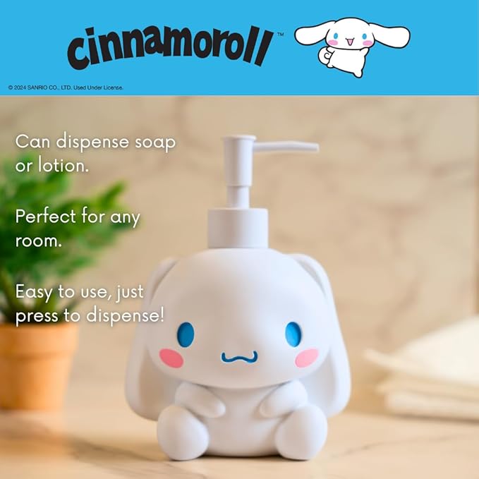 Cinnamoroll Soap Dispenser - Lotion/Hand Sanitizer Resin Pump Dispenser, 12 Ounces, Hard Bathroom Décor, (100% Officially Licensed Product) by Franco