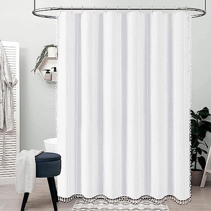 BTTN White Boho Farmhouse Linen Heavy Duty Cloth Shower Curtain Set, 72x72