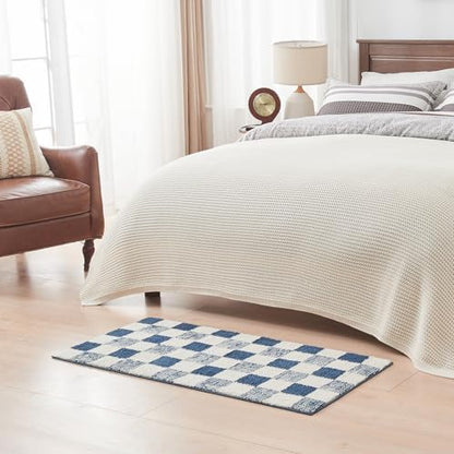 CozeCube Navy Blue Checkered Bath Mat 36"x24" Non Slip Washable Rug