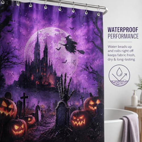 Halloween Shower Curtain, Purple Gothic Castle Bathroom Curtain, Witch Moon Bats Pumpkin Graveyard Spooky Waterproof Polyester Fabric Bath Curtain with Hooks 72x72 Inch