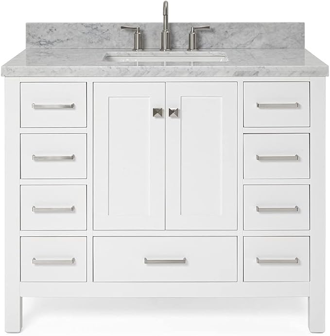 ARIEL Cambridge 42-inch Bathroom Vanity with Sink,Solid Wood, 1.5-inch Italian Carrara Marble Countertop, Single Rectangular Porcelain Sink, 2 Soft Closing Doors, 9 Dovetail Drawers, White