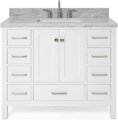 ARIEL Cambridge 42-inch Bathroom Vanity with Sink,Solid Wood, 1.5-inch Italian Carrara Marble Countertop, Single Rectangular Porcelain Sink, 2 Soft Closing Doors, 9 Dovetail Drawers, White
