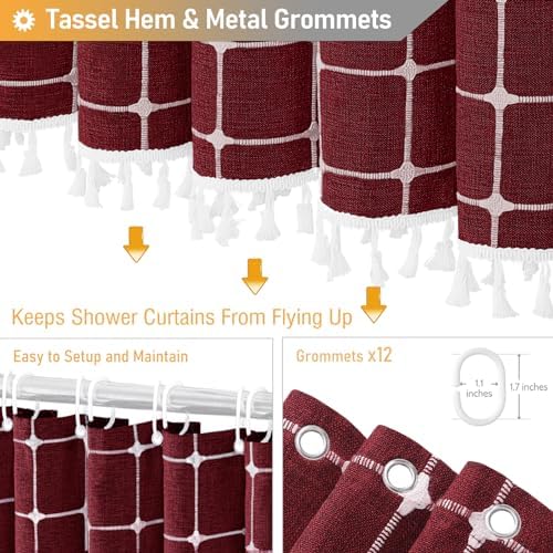 BTTN Long Boho Farmhouse Linen Heavy Duty Shower Curtain, 72x84, Burgundy