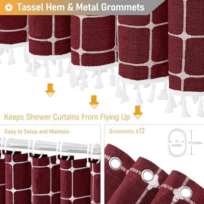 BTTN Long Boho Farmhouse Linen Heavy Duty Shower Curtain, 72x84, Burgundy