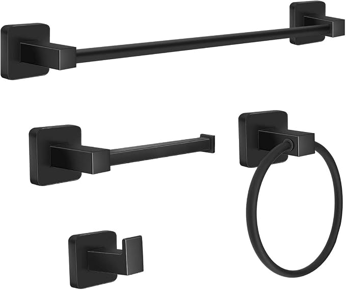 Matte Black Bathroom Hardware Set 4 Pieces,Towel Bar Set Includes 17In Hand Towel Bar, Towel Ring, Robe Towel Hooks,Toilet Paper Holder, Bathroom Towel Rack Set