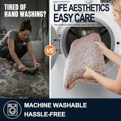OLANLY Microfiber Bathroom Rugs 47x20, Quick Dry Bath Mat, Mocha and White