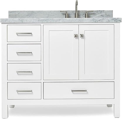 ARIEL Cambridge 42-inch Bathroom Vanity with Sink,Solid Wood, 1.5-inch Italian Carrara Marble Countertop, Single Rectangular Porcelain Sink, 2 Soft Closing Doors, 5 Dovetail Drawers, White