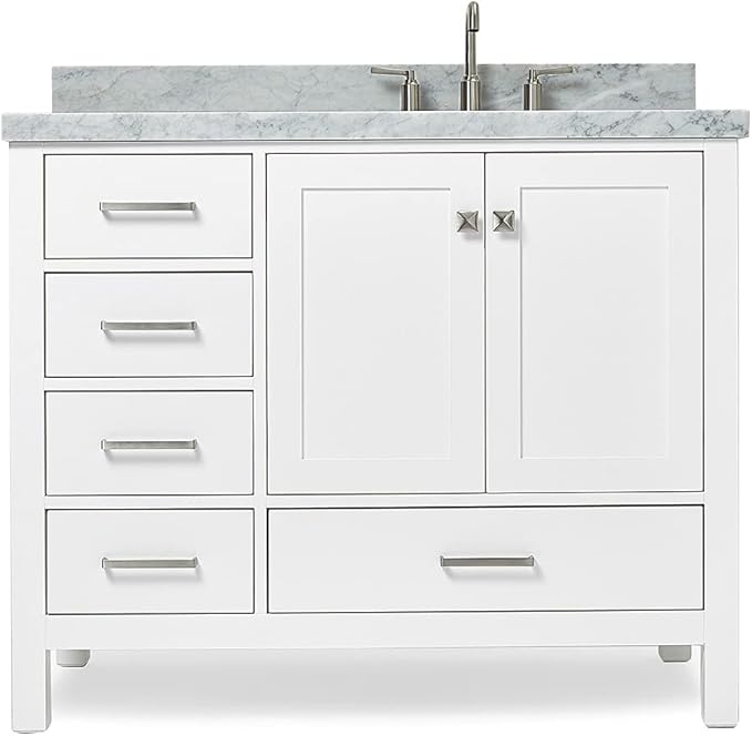 ARIEL Cambridge 42-inch Bathroom Vanity with Sink,Solid Wood, 1.5-inch Italian Carrara Marble Countertop, Single Rectangular Porcelain Sink, 2 Soft Closing Doors, 5 Dovetail Drawers, White